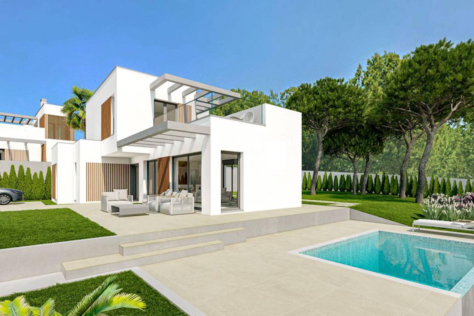 Extérieur de villa minimaliste avec piscine privée, larges terrasses en grès cérame et façade blanche soulignée par des tasseaux en bois naturel.