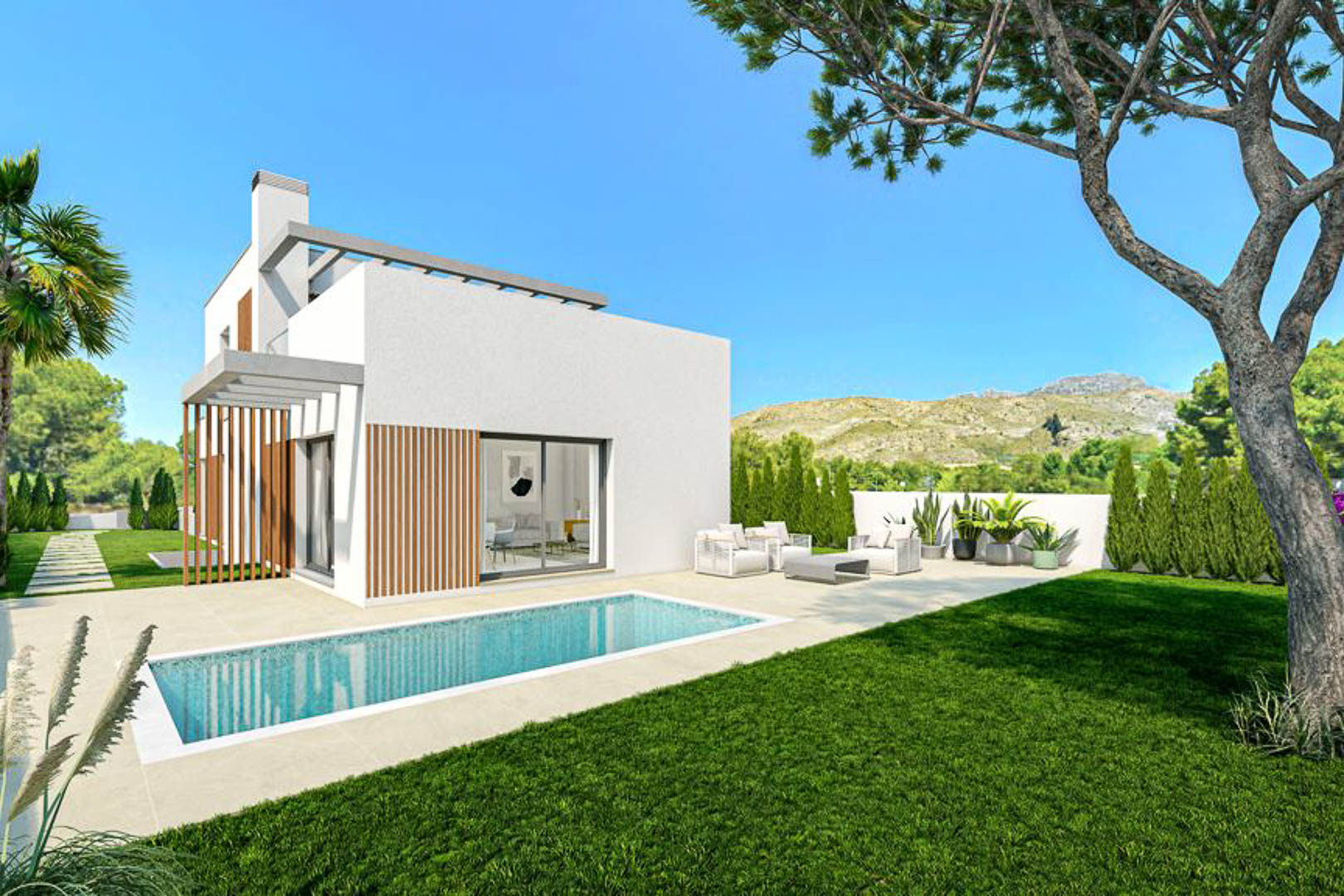 Extérieur de villa moderne avec piscine privée, jardin gazonné et terrasse carrelée. Façade blanche agrémentée de claustras en bois et vue sur les montagnes environnantes.