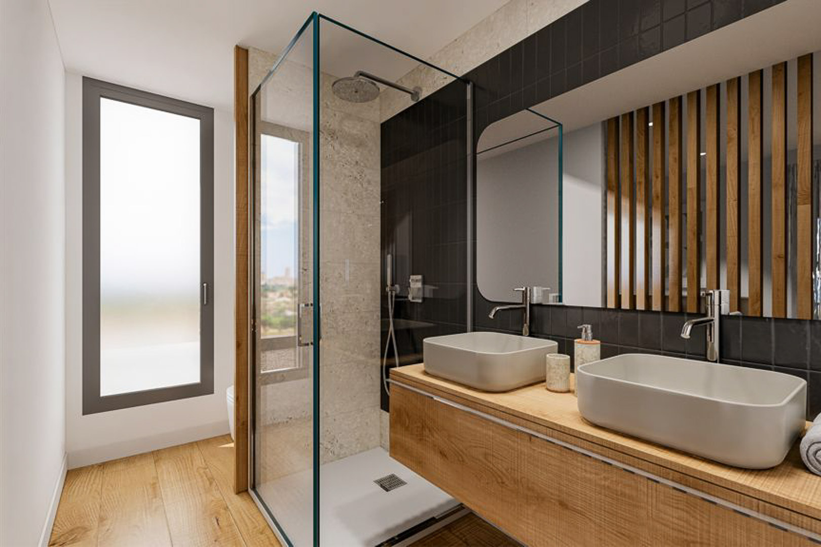 Salle de bain contemporaine avec double vasque sur plan en bois, douche vitrée et murs alliant carrelage noir et textures de pierre naturelle.
