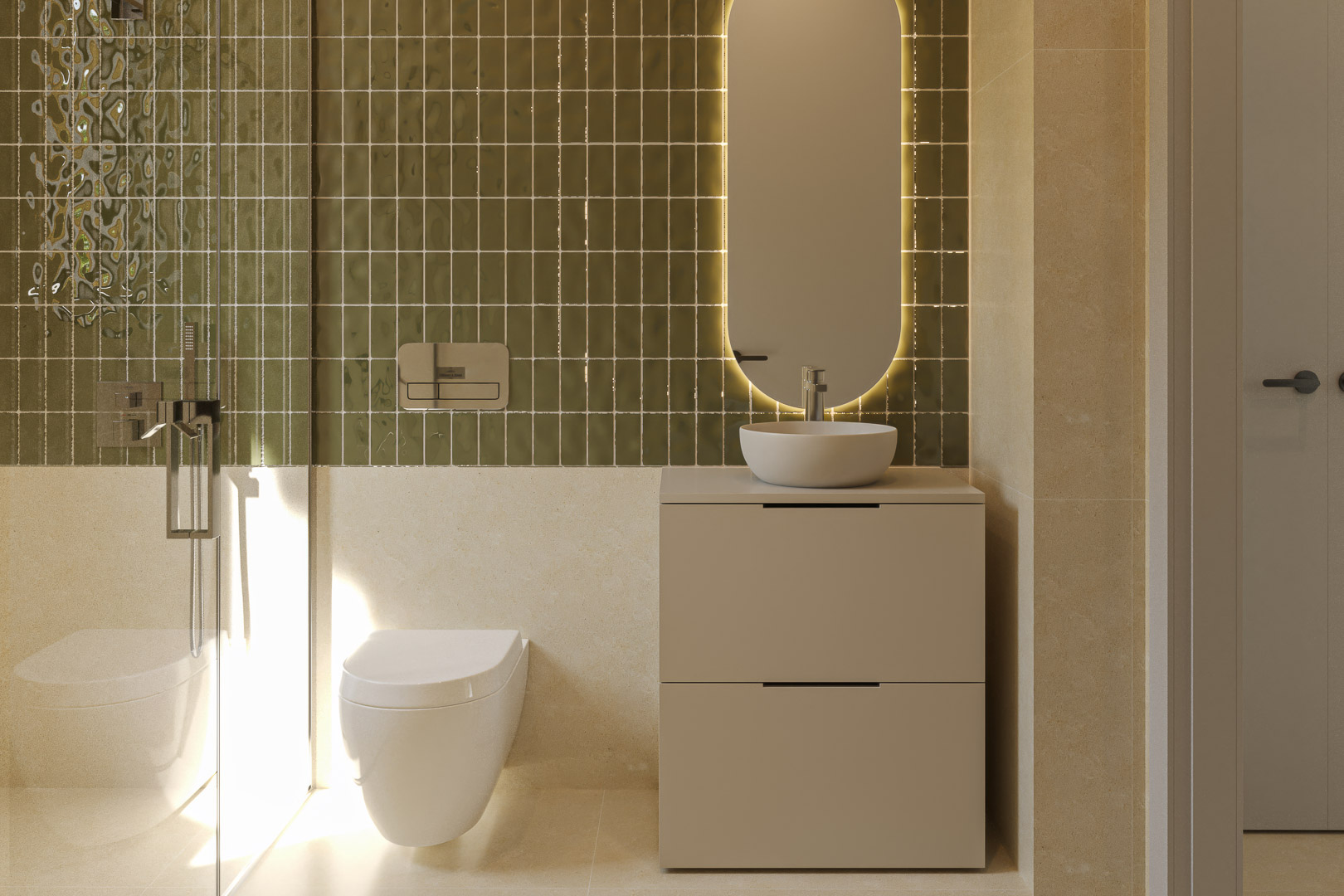 Salle de bain moderne avec carrelage vert olive brillant, miroir ovale rétroéclairé et meuble vasque minimaliste. Comprend un WC suspendu et une paroi de douche en verre.