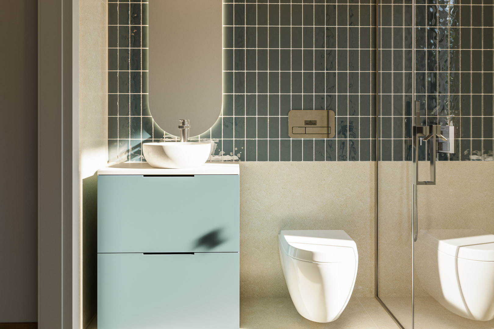 Salle de bain moderne avec carrelage vertical bleu canard, meuble vasque suspendu bleu pastel et miroir ovale rétroéclairé avec WC suspendu.