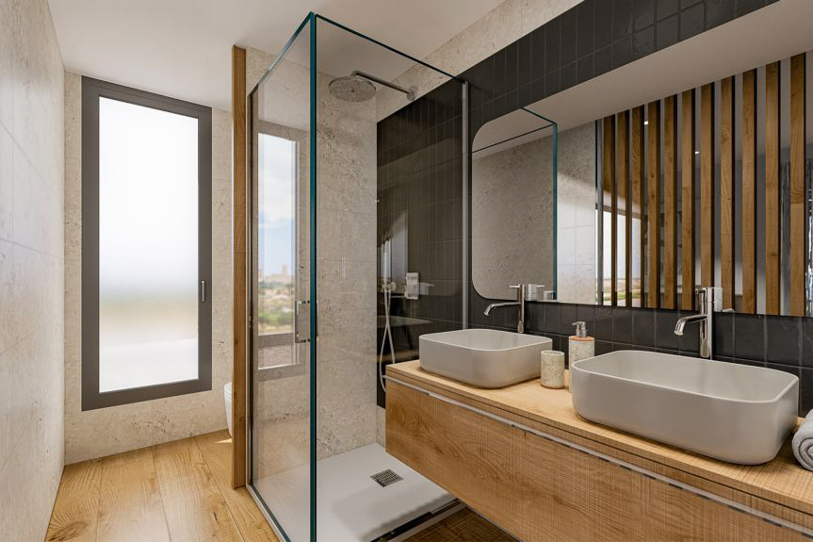 Salle de bain moderne avec double vasque sur meuble en bois, douche à l'italienne vitrée et murs en pierre naturelle baignés de lumière.