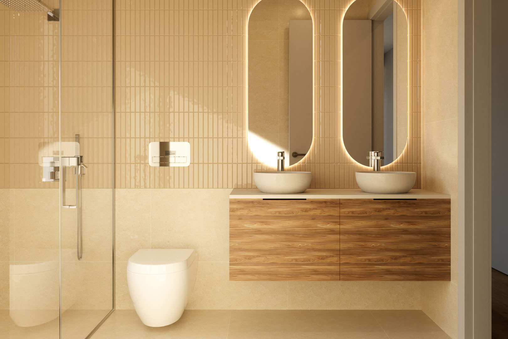 Salle de bain moderne avec double vasque sur meuble en bois suspendu, miroirs ovales rétroéclairés et douche à l'italienne avec carrelage vertical aux tons sable.