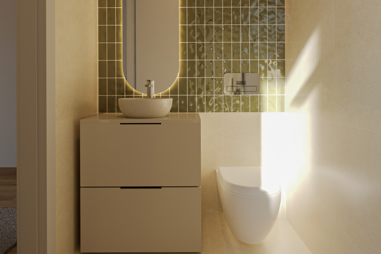 Toilettes invités avec vasque à poser, meuble à deux tiroirs et miroir ovale rétroéclairé sur un mur en carreaux verts texturés.