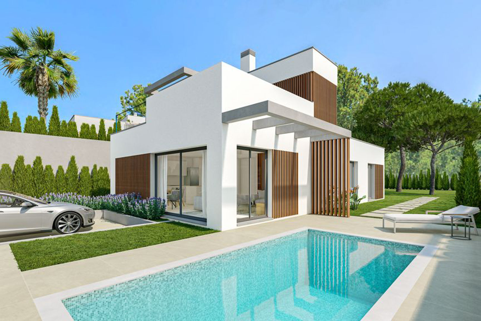 Villa moderne aux lignes épurées avec façade blanche, claustras en bois, piscine privée, parking intégré et jardin paysager avec pelouse.