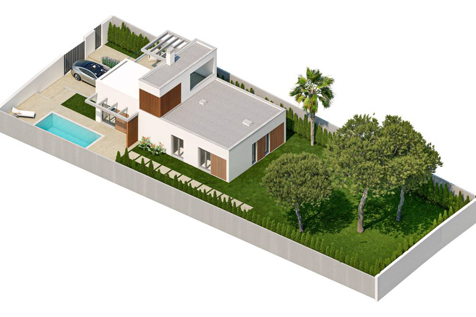 Vue aérienne 3D de la villa moderne avec piscine privée, jardin paysager, solarium en toiture avec pergola et parking privé sécurisé.