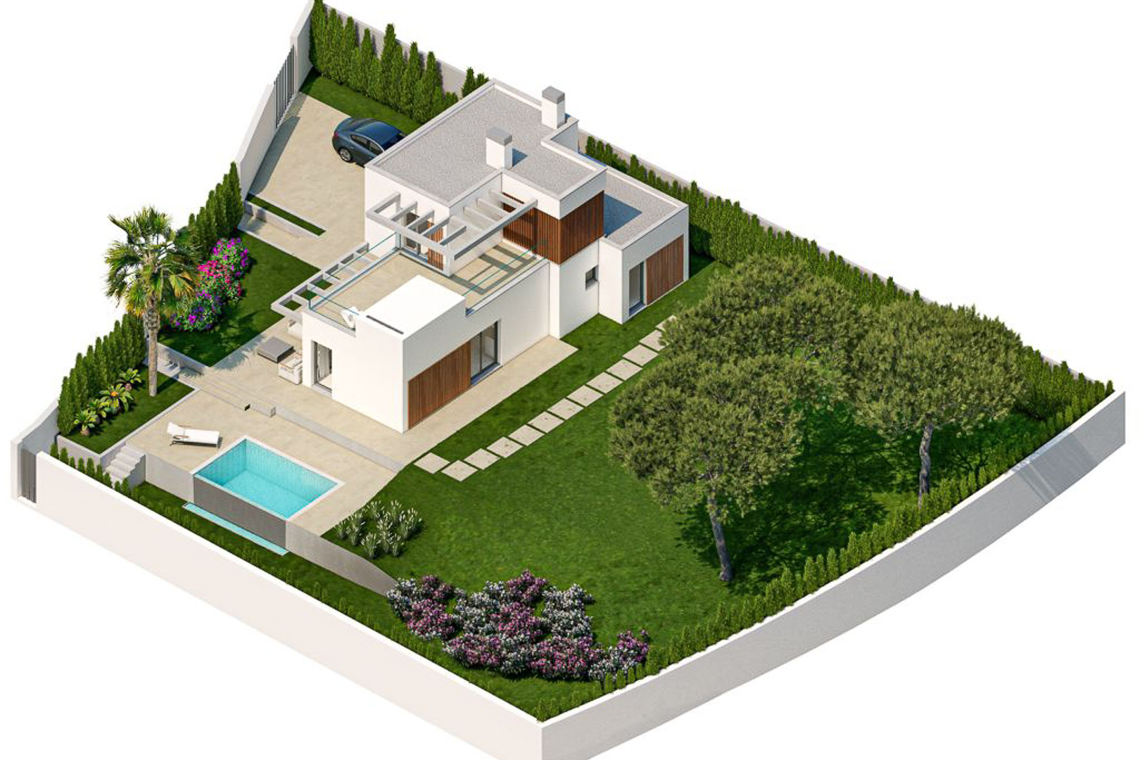 Vue aérienne d'une villa moderne avec façades blanches et bois, comprenant une piscine privée, un jardin paysager et une terrasse de toit avec pergola.