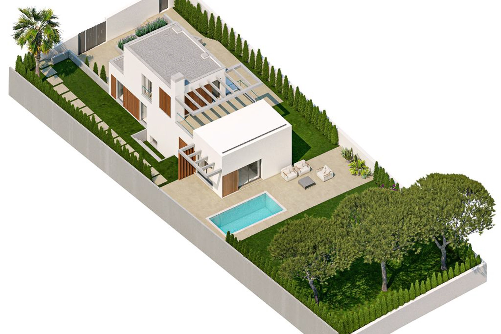 Vue aérienne isométrique de la villa moderne avec piscine privée, jardin paysager et terrasses équipées de pergolas architecturales.