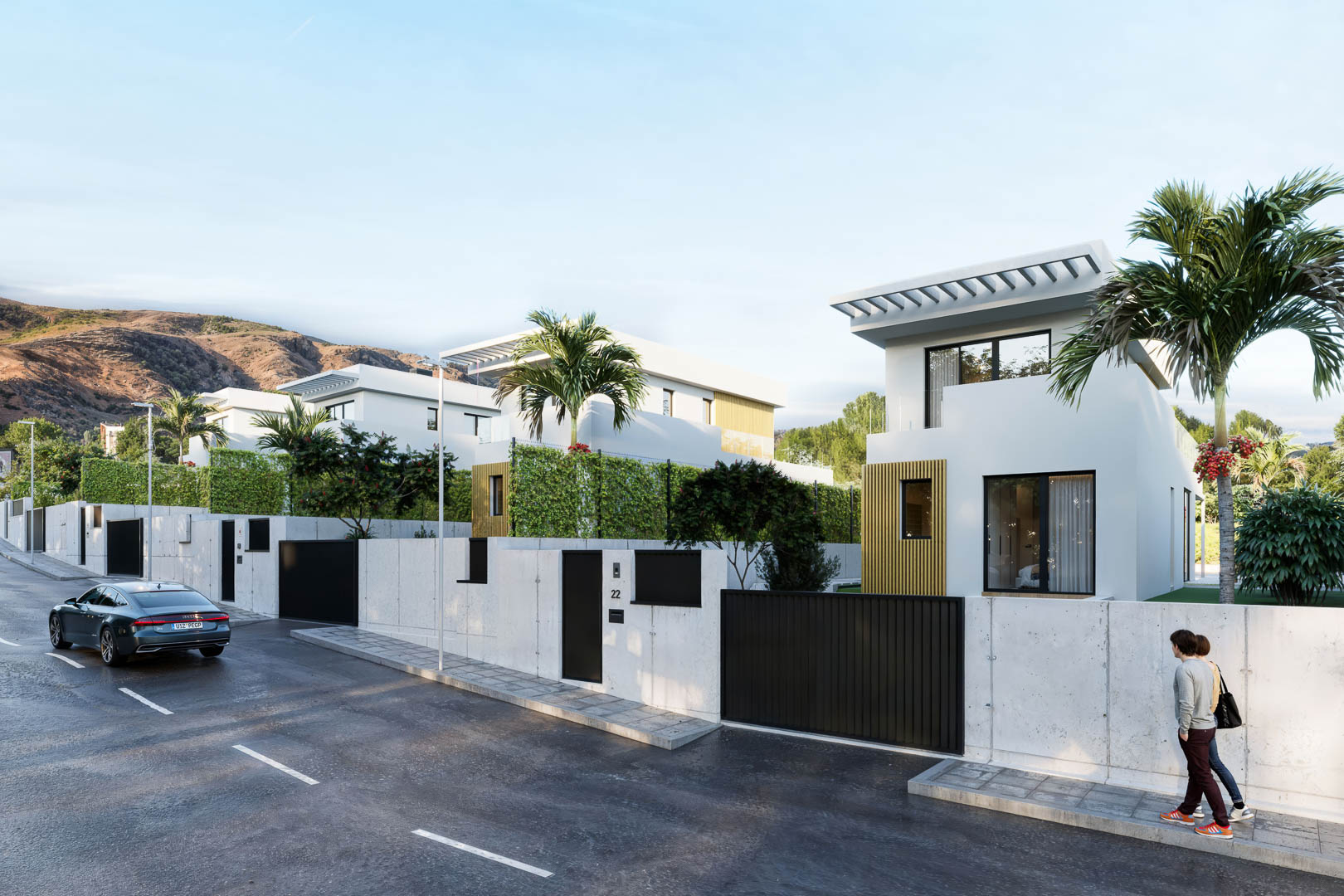 Vue extérieure de villas modernes aux façades blanches et détails en bois. Propriétés sécurisées par des murs en béton, portails noirs et pergolas de toit élégantes.