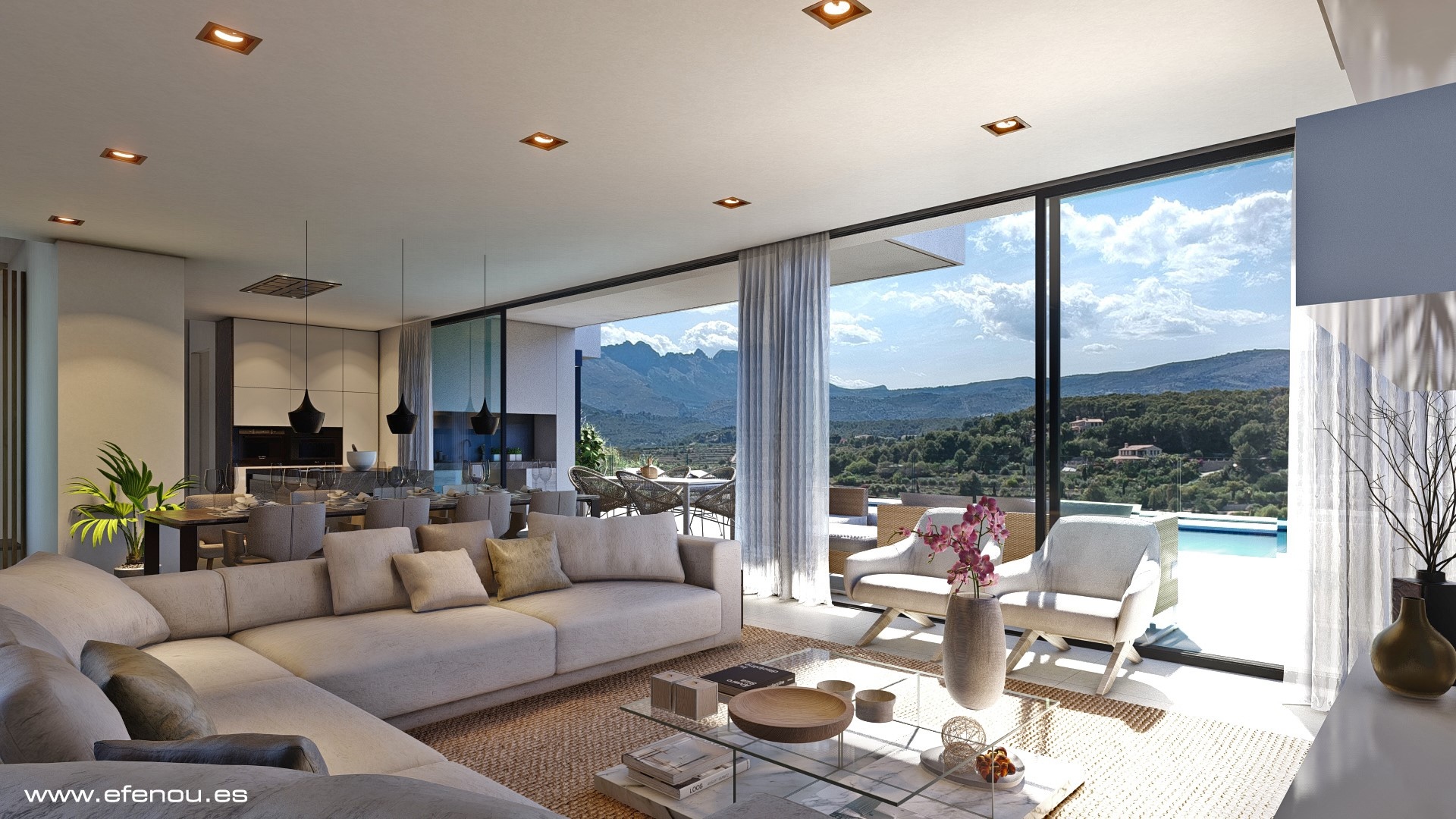 Salon à aire ouverte avec de grandes baies vitrées offrant une vue panoramique sur la Sierra de Bernia, intégrant harmonieusement l'espace de vie et la terrasse.
