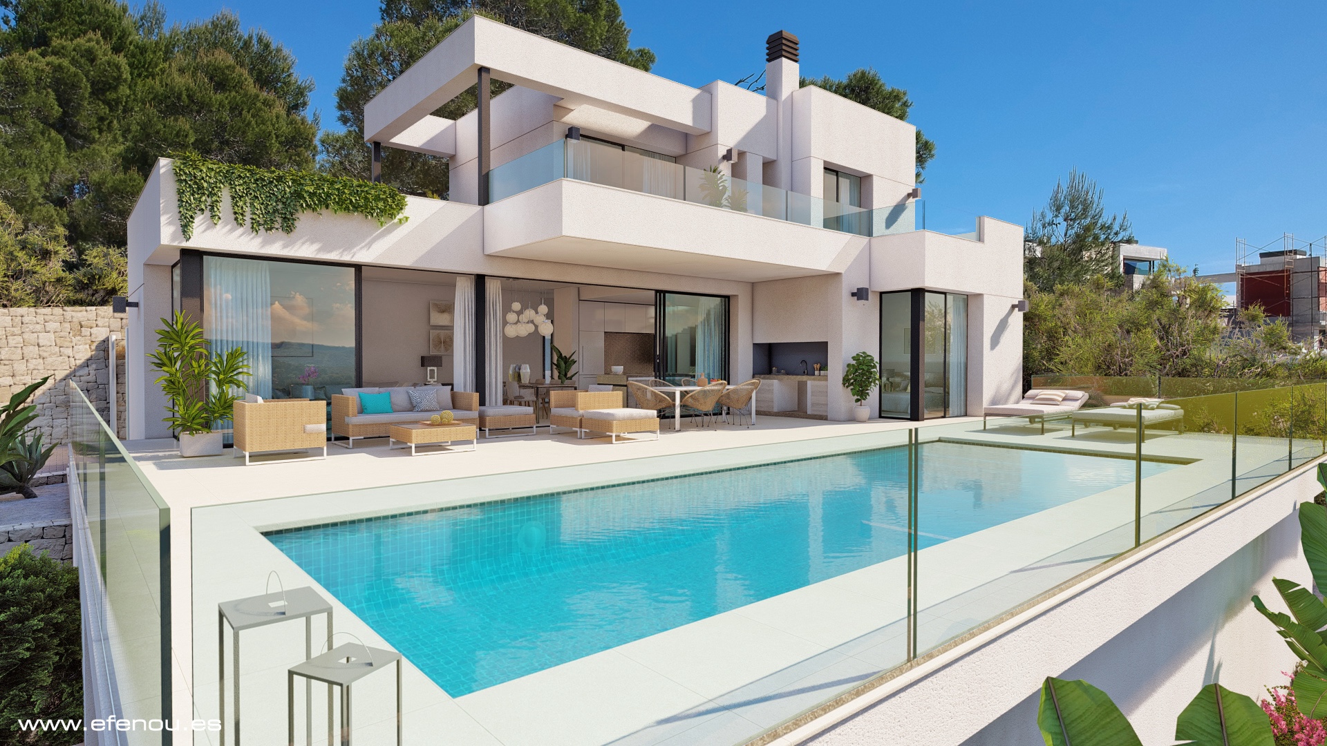 Villa contemporaine aux lignes épurées avec piscine, vaste terrasse en pierre claire, salon d'été et grandes baies vitrées coulissantes créant un espace de vie ouvert.