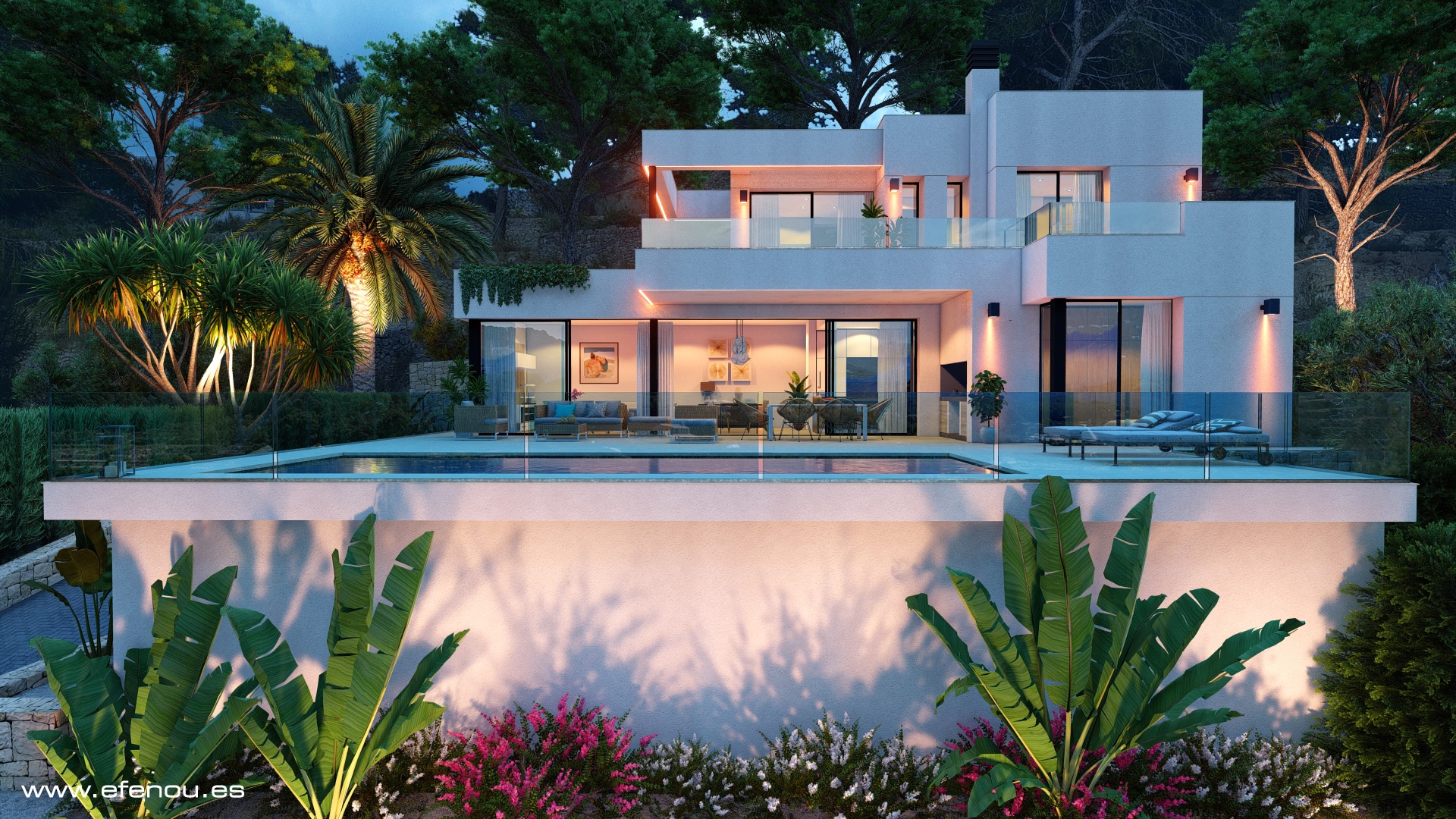 Vue extérieure au crépuscule de la villa avec piscine de 12m, terrasses vitrées et éclairage chaleureux intégré dans le jardin méditerranéen.