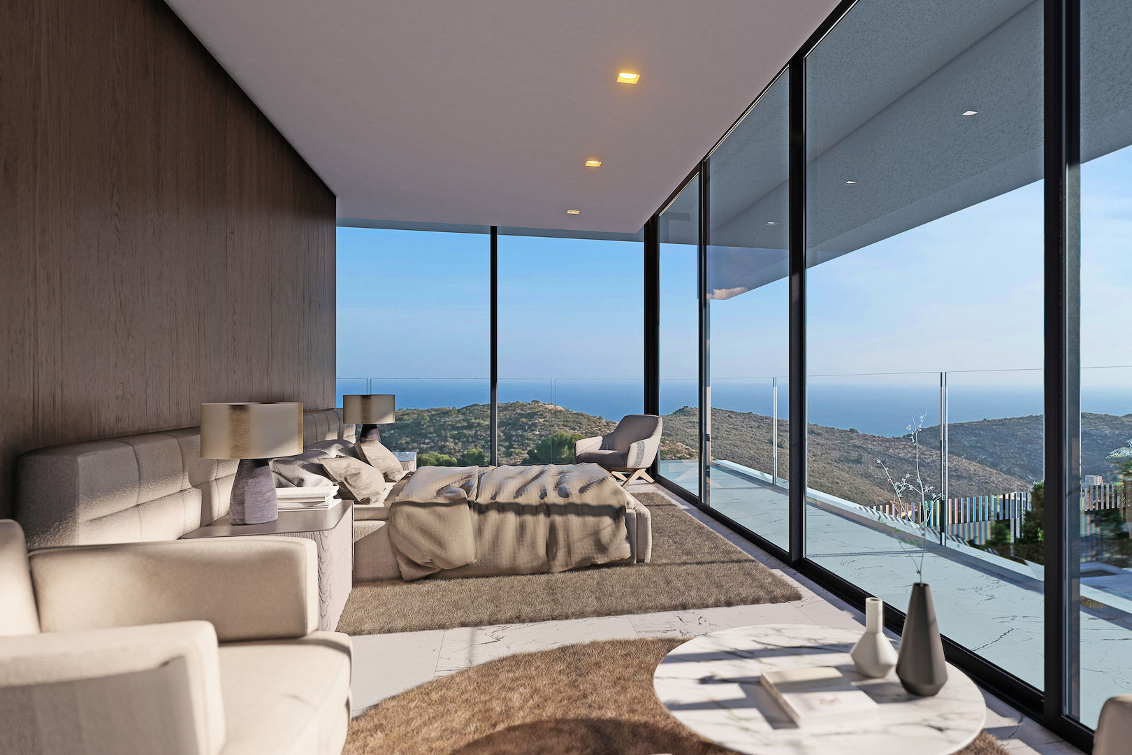 Chambre lumineuse avec mur en bois et vue panoramique sur la mer depuis de larges fenêtres.