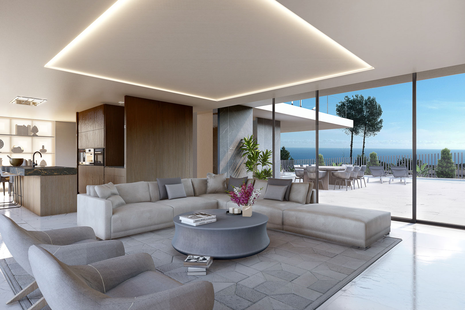 Salon moderne avec canapé modulable gris et vue sur la mer, éclairé par une lumière indirecte.