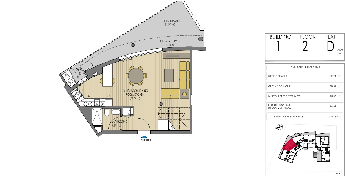Plan d'architecte du niveau inférieur du penthouse duplex D, Bâtiment 1, illustrant l'espace de vie ouvert de 39 m² et une vaste terrasse incurvée avec zones couvertes.