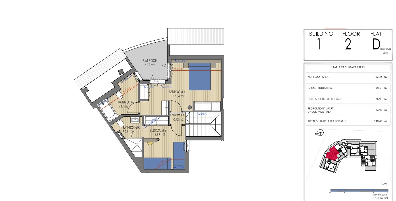 Plan technique du niveau supérieur du penthouse D dans le bâtiment 1, illustrant deux chambres avec salles de bains attenantes et une terrasse de 6,12 m².
