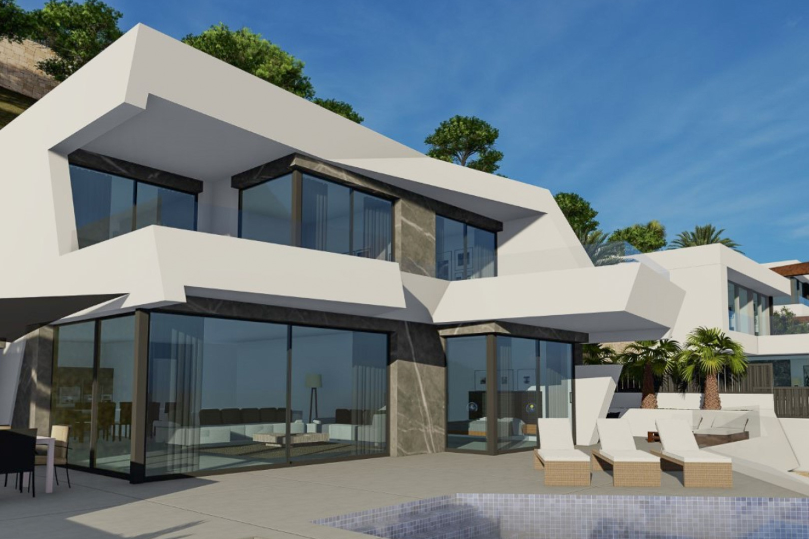Architecture moderne aux lignes blanches et pierre sombre, avec de larges baies vitrées et une terrasse ensoleillée bordant la piscine.