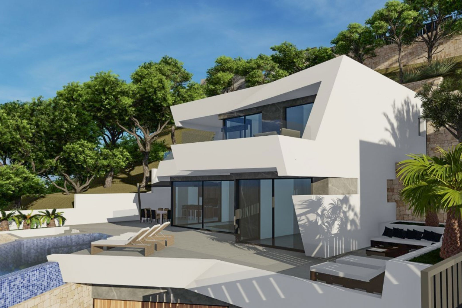 Extérieur de villa moderne aux lignes géométriques, grandes baies vitrées, piscine à débordement en mosaïque bleue et terrasses avec espaces de détente et végétation.