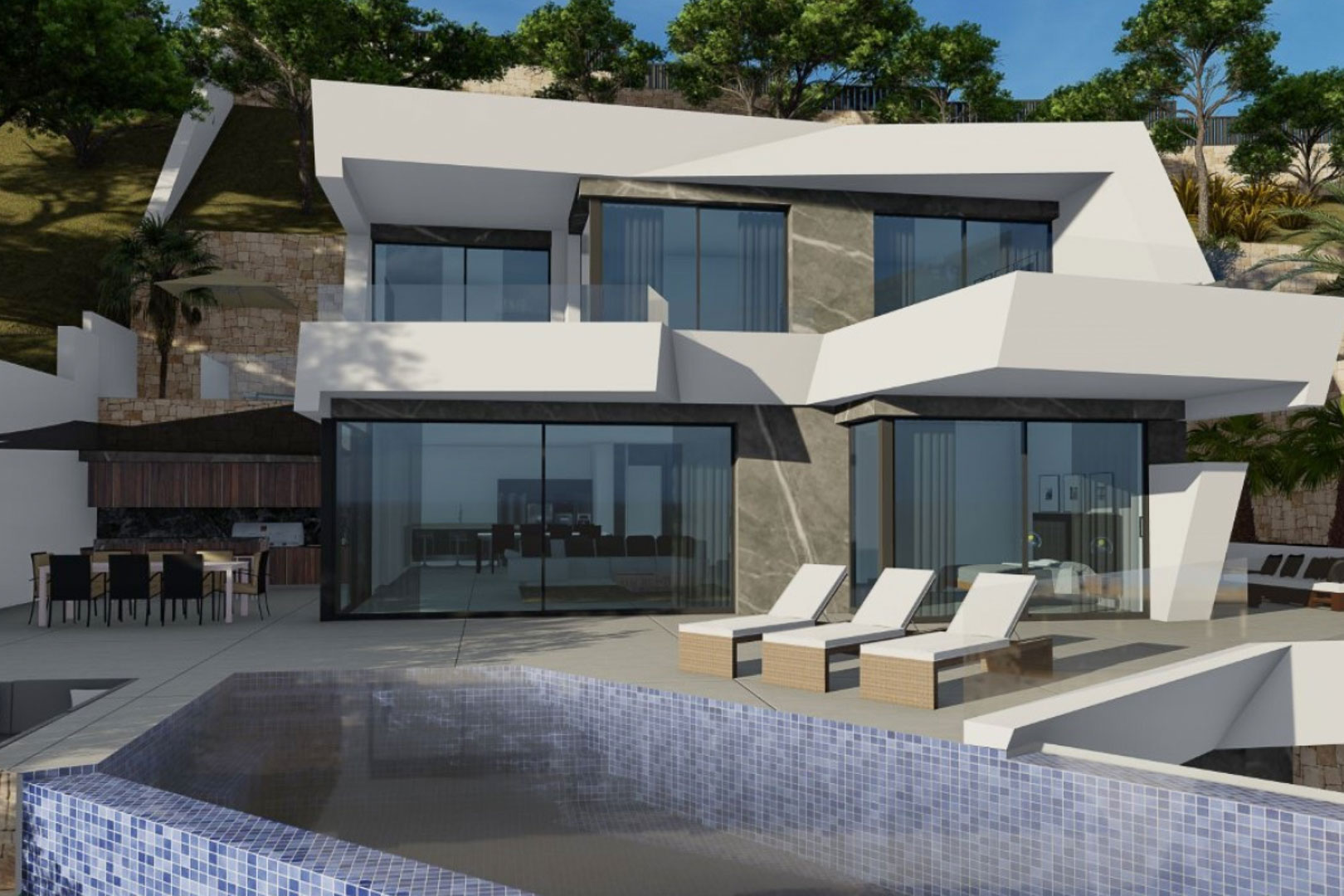 Façade contemporaine aux lignes blanches et parement en pierre, terrasse avec piscine en mosaïque bleue, espace dînatoire extérieur et bains de soleil.