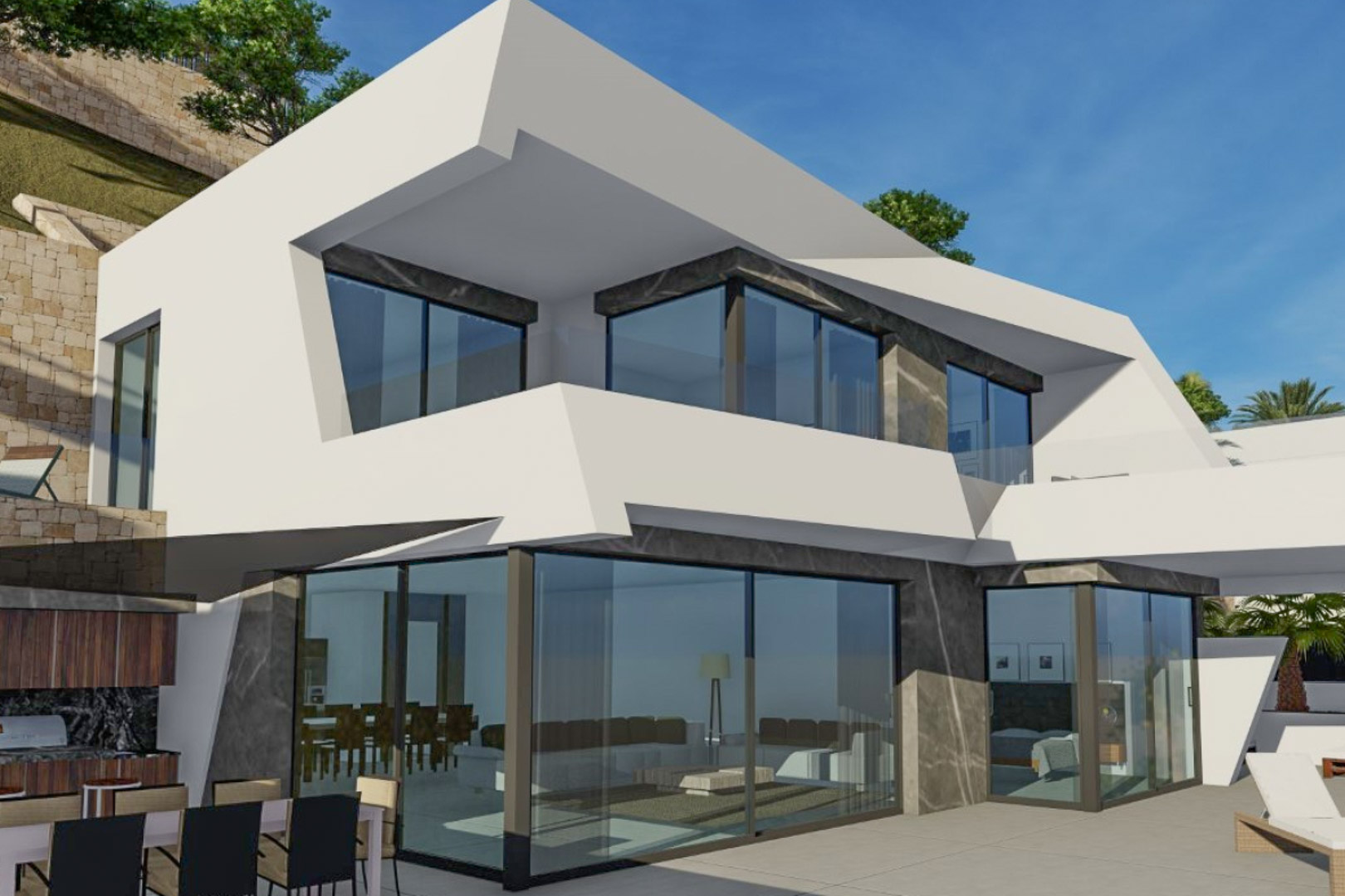 Façade contemporaine aux volumes blancs géométriques et parements en pierre sombre. Les larges baies vitrées révèlent un intérieur spacieux ouvert sur une terrasse avec cuisine d'été.