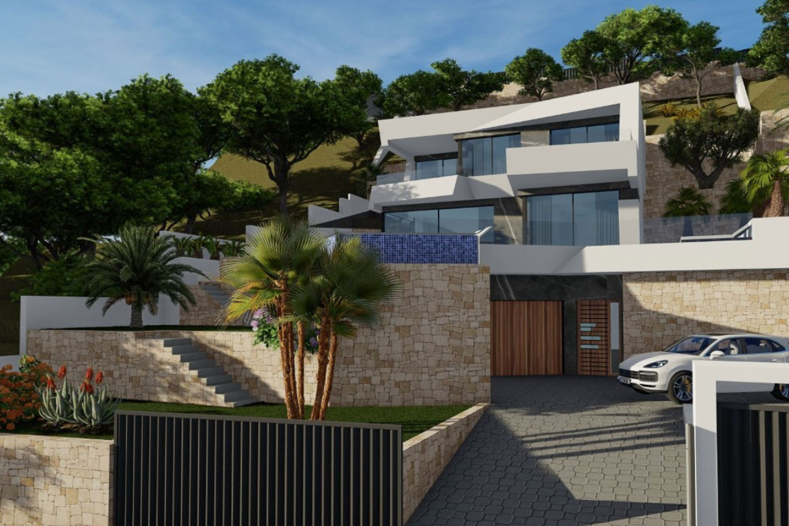 Façade extérieure aux lignes géométriques blanches, murs en pierre naturelle, accès pavé au garage et terrasses superposées avec piscine à débordement et jardin paysager.