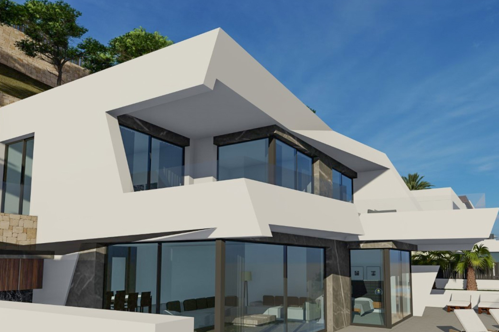 Façade géométrique aux larges baies vitrées, accents en pierre grise et terrasses en porte-à-faux offrant une connexion directe entre l'intérieur et l'extérieur.