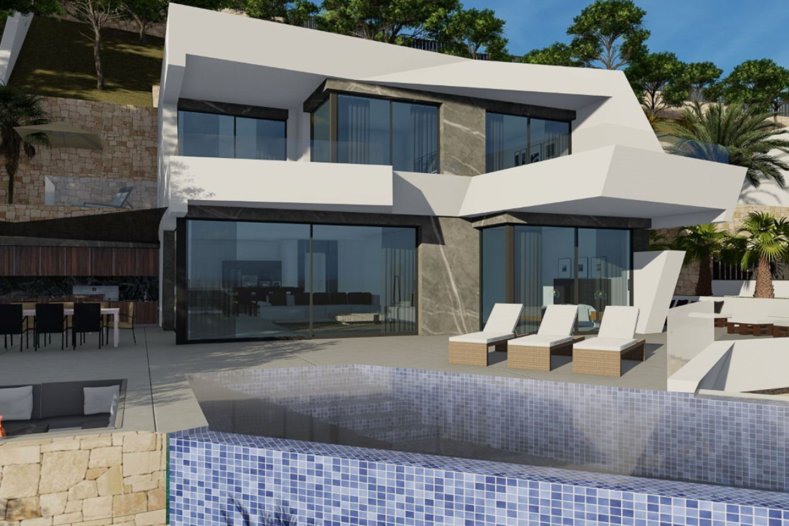 Façade moderne à deux niveaux avec baies vitrées, piscine à débordement en mosaïque bleue et terrasse équipée d'un coin repas extérieur et de transats.