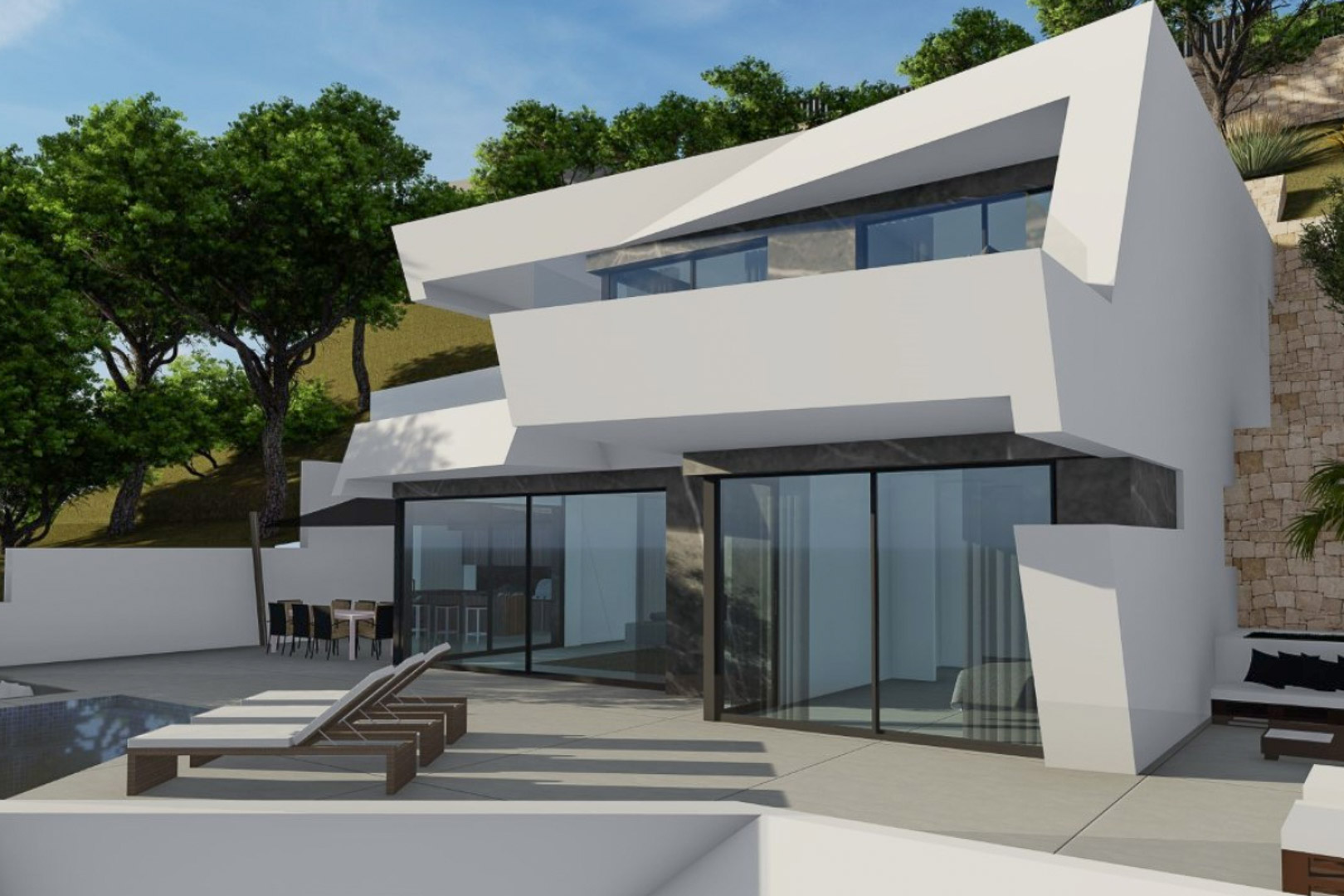 Façade moderne aux volumes géométriques blancs, grandes baies vitrées et terrasse spacieuse avec bains de soleil et espace repas extérieur en bord de piscine.
