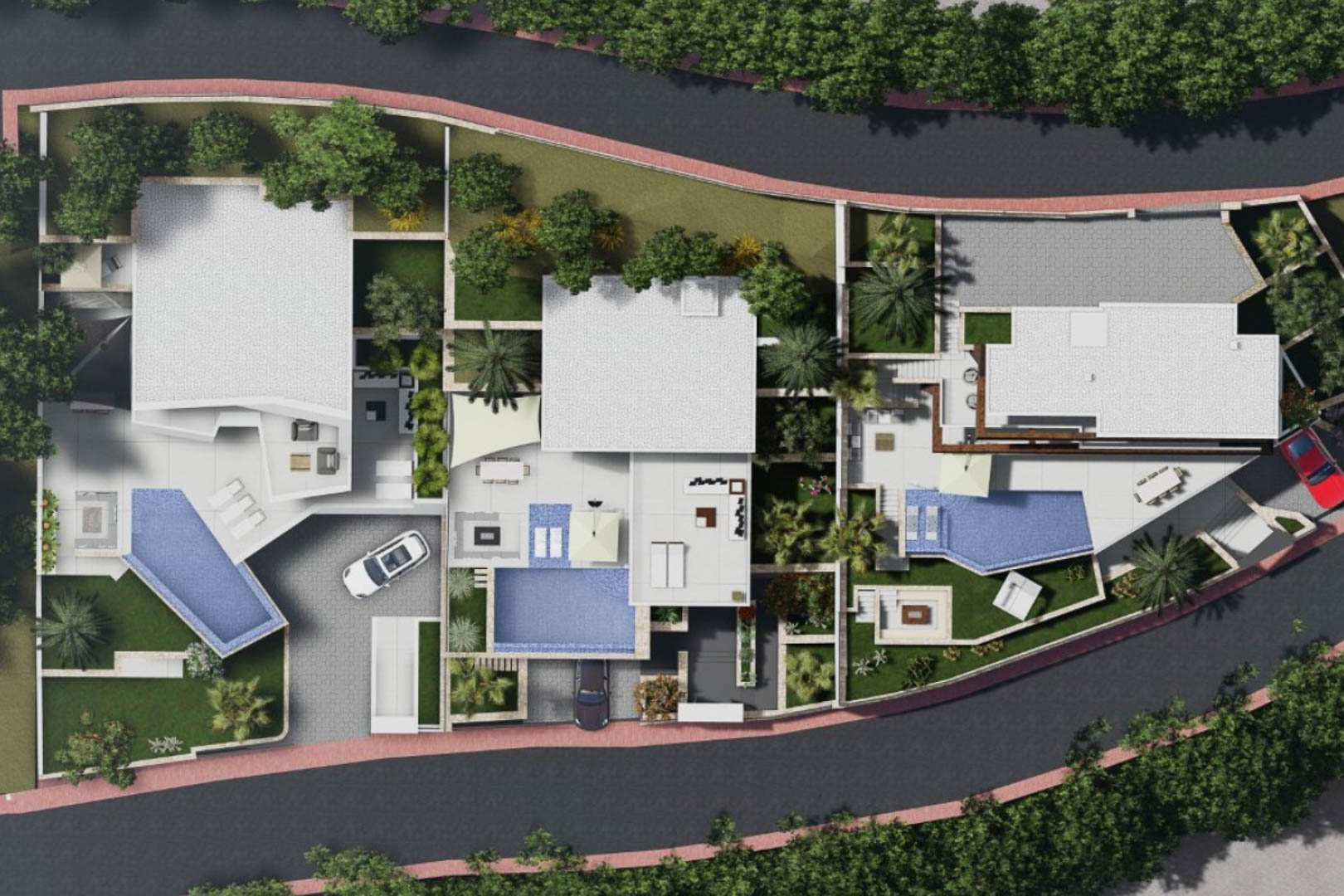 Plan de masse aérien montrant la disposition des villas, les piscines à débordement, les jardins paysagers et les zones de stationnement privées.