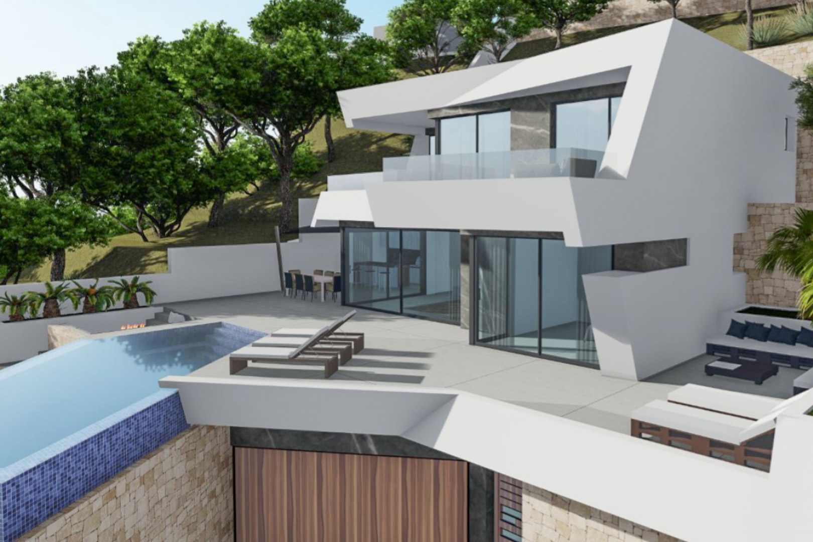 Villa moderne aux lignes géométriques blanches, piscine à débordement en mosaïque bleue et vastes terrasses avec espaces de détente et murs en pierre naturelle.