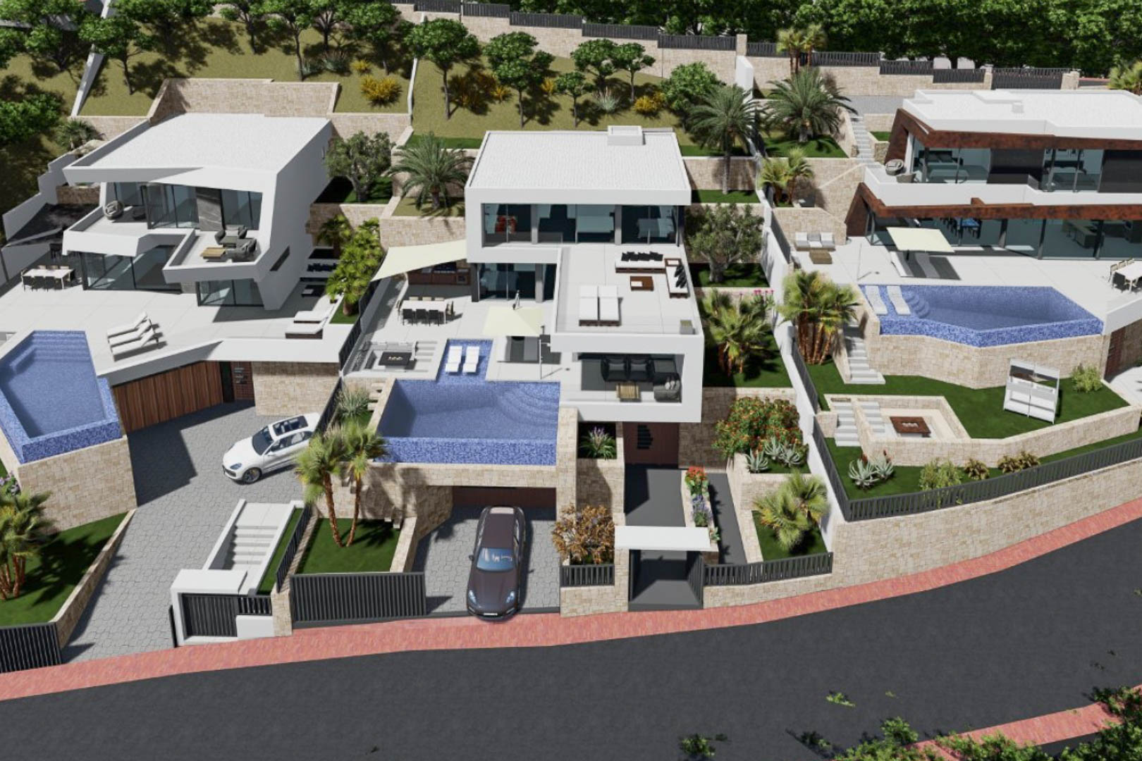 Vue aérienne de la villa moderne à l'architecture blanche épurée, avec piscine à débordement et terrasses en gradins sur des murs en pierre naturelle.