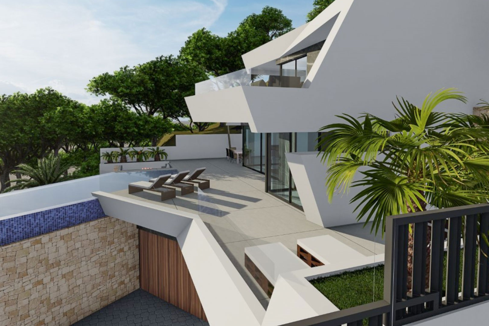 Vue extérieure de la villa aux lignes géométriques, grande terrasse avec bains de soleil et piscine à débordement bordée d'un mur en pierre naturelle.