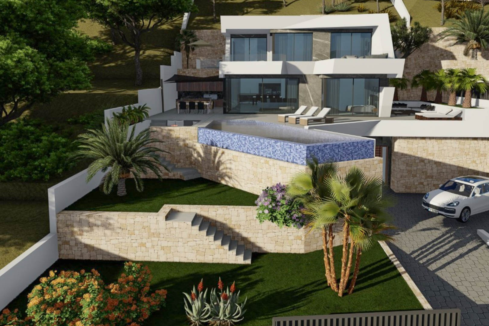 Vue extérieure de la villa avec façade géométrique blanche, piscine à débordement en mosaïque bleue et murs en pierre naturelle dans un jardin méditerranéen en terrasses.
