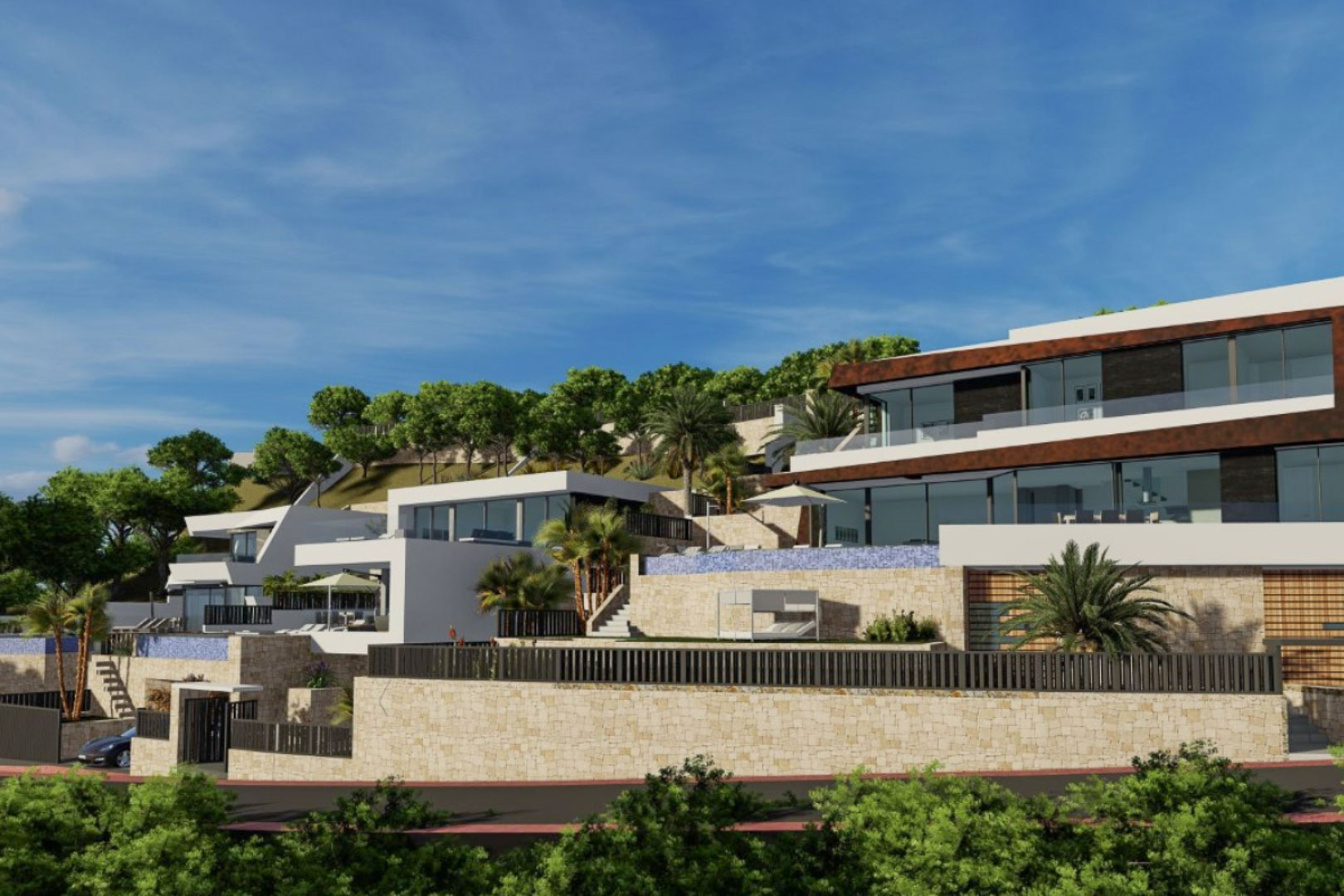 Vue extérieure de la villa moderne aux lignes épurées, avec murs en pierre naturelle, piscine à débordement et grandes baies vitrées sur plusieurs niveaux.