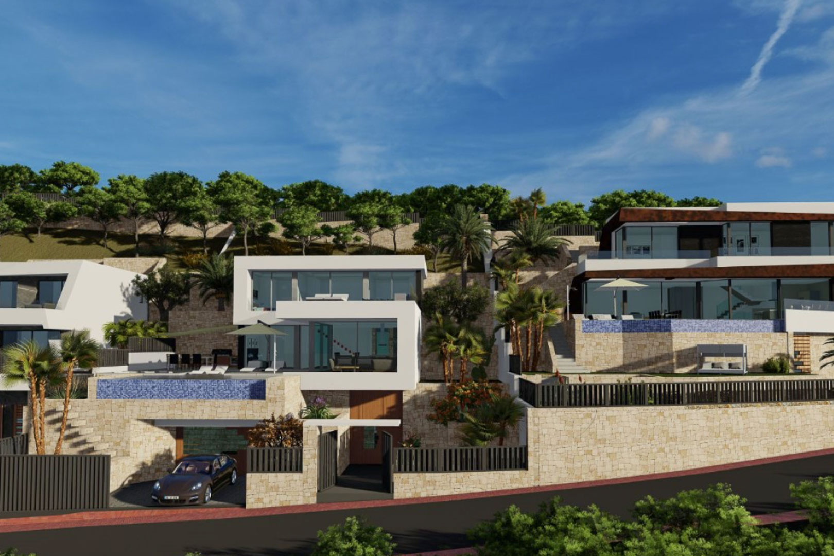 Vue extérieure de la villa moderne aux lignes géométriques, avec murs en pierre naturelle, piscine à débordement et garage intégré sur un terrain en terrasses.