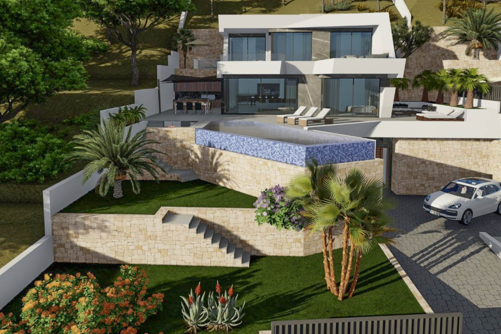 Vue extérieure de la villa moderne avec architecture géométrique blanche, piscine à débordement en mosaïque bleue et murs de soutènement en pierre naturelle.