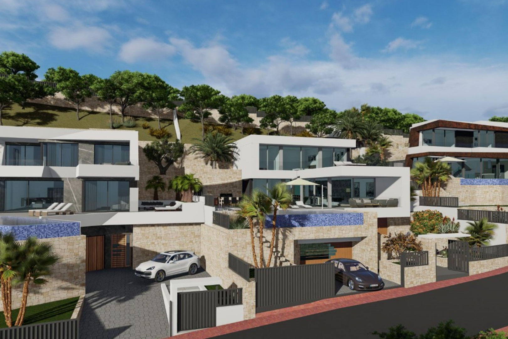 Vue extérieure de villas modernes aux façades blanches et murs en pierre, intégrées en colline avec piscines à débordement et garages privés au niveau de la rue.