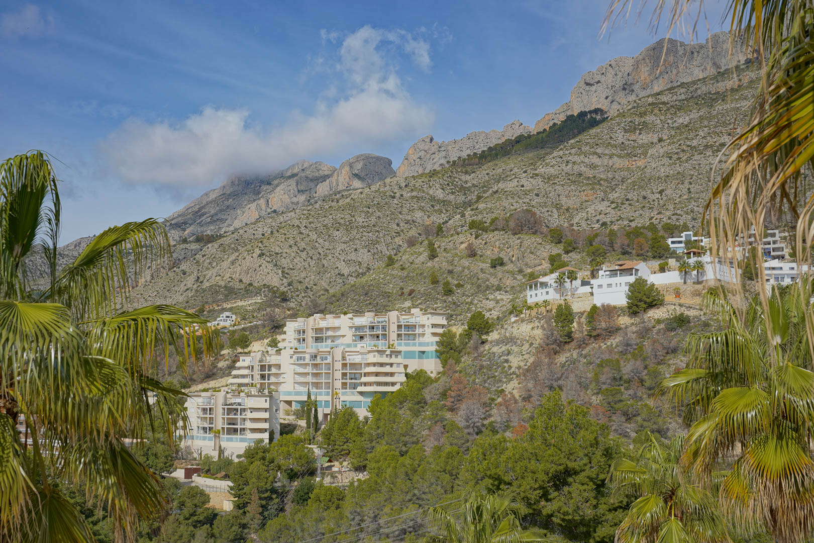 Vue panoramique sur la Sierra de Bernia, mettant en valeur les sommets rocheux et les résidences intégrées à flanc de colline parmi les pins et les palmiers.