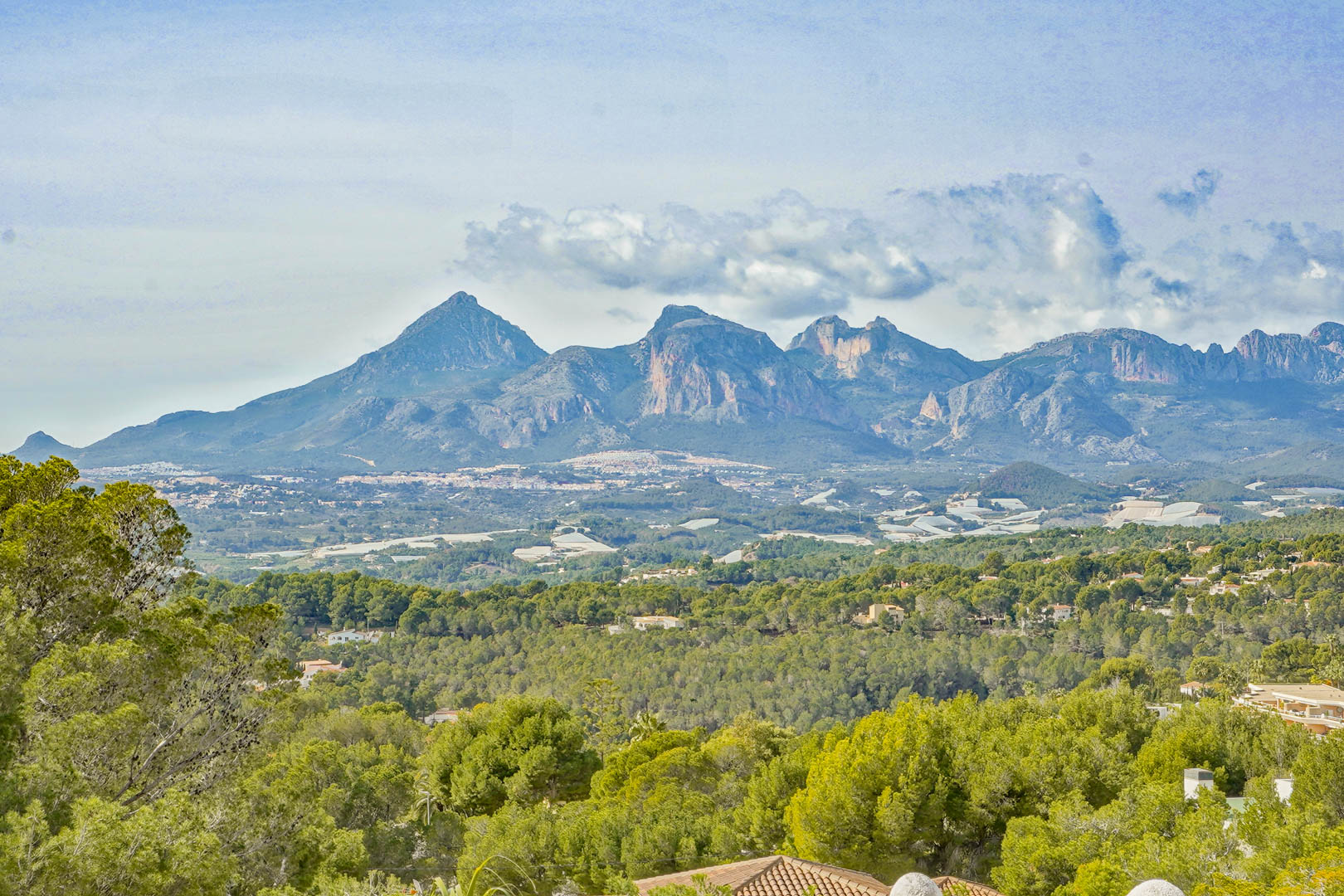 Vues panoramiques sur les massifs du Puig Campana et de la Sierra Aitana, dominant une forêt de pins dense et le paysage naturel d'Altea.