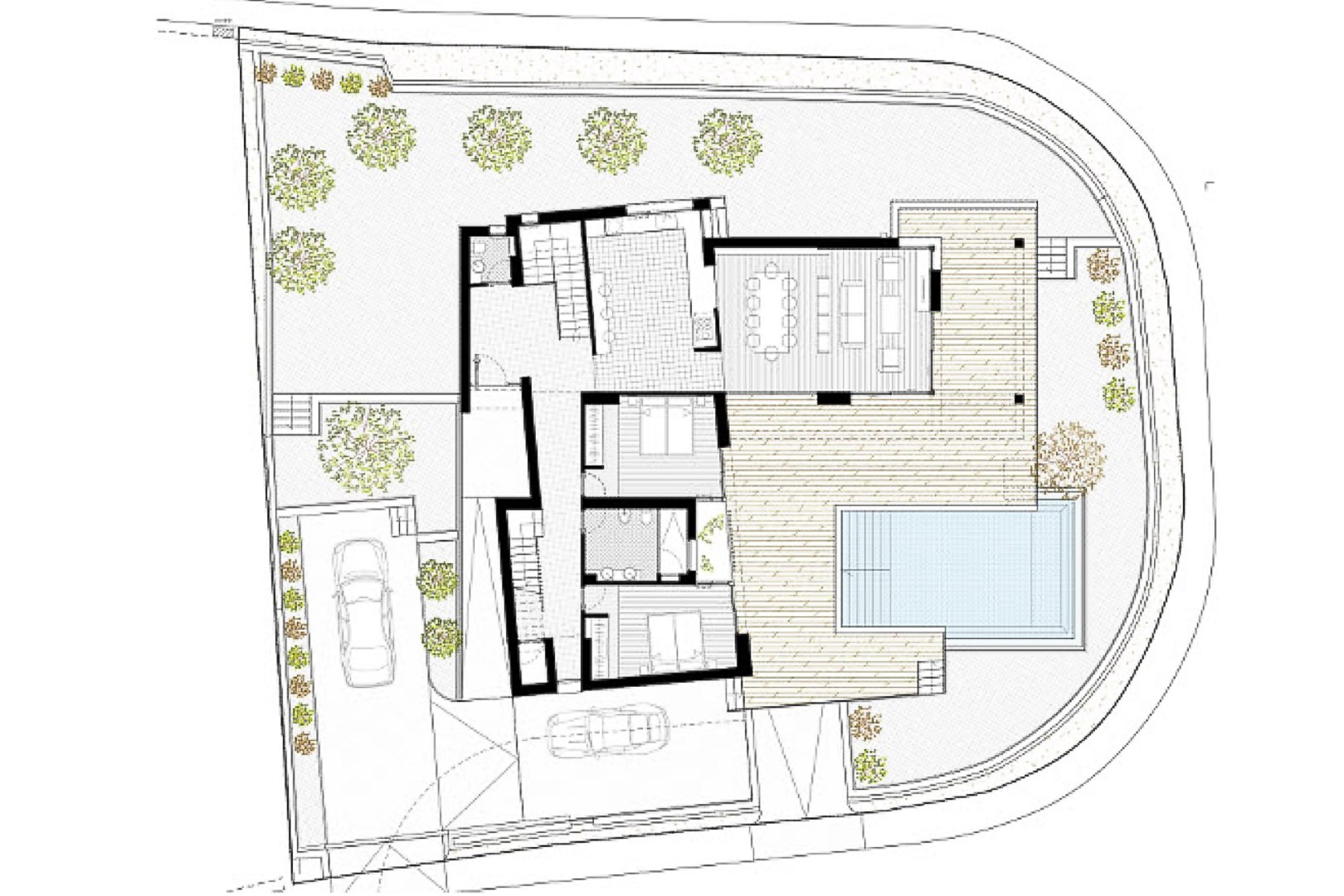 Plan architectural détaillé de la villa, présentant l'aménagement intérieur, la piscine et le jardin méditerranéen.