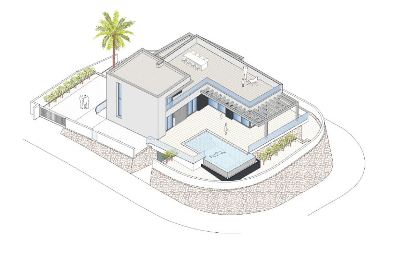 Vue isométrique de la villa présentant la piscine privée, la terrasse sur le toit et le jardin méditerranéen.