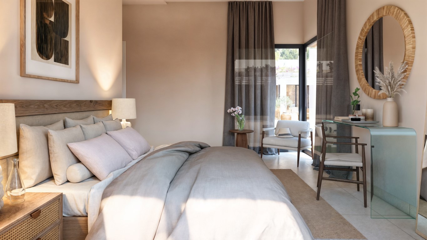 Chambre lumineuse avec tête de lit en bois, bureau en verre et accès direct à la terrasse. Décoration aux tons neutres et mobilier contemporain élégant.