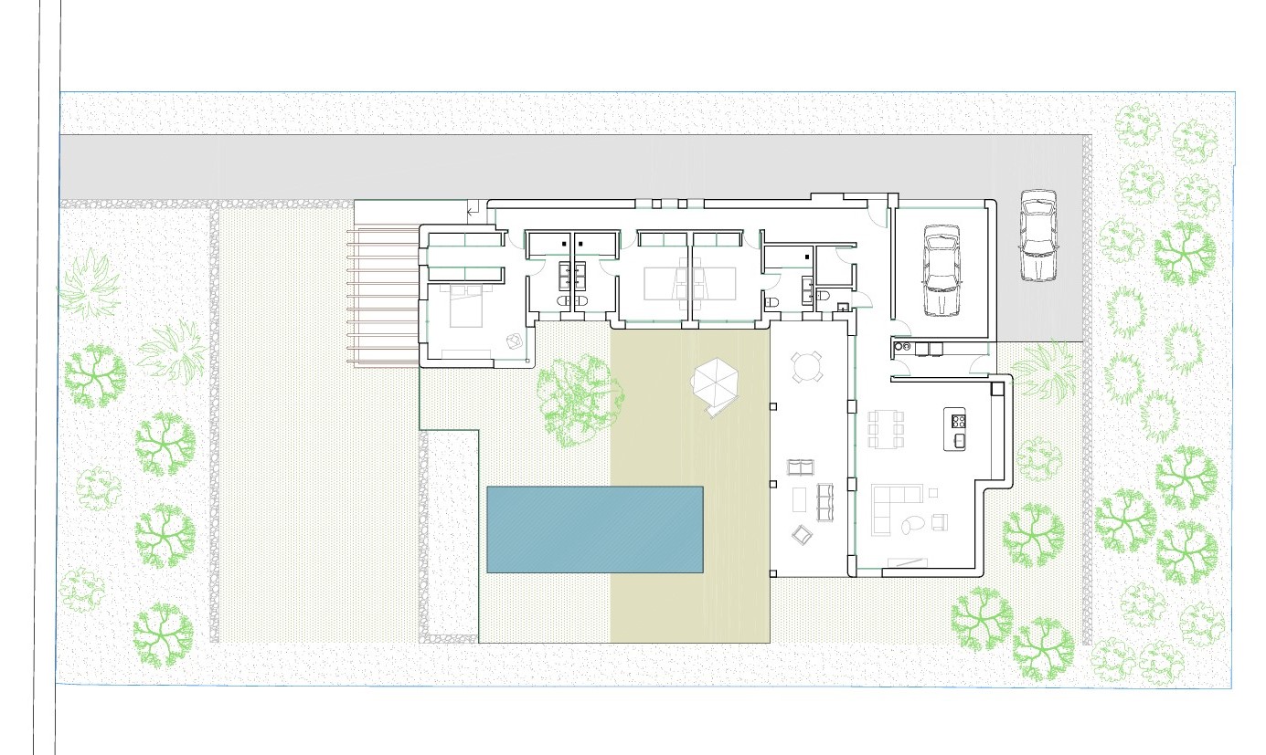 Plan architectural détaillé du niveau principal illustrant les trois chambres en suite, le séjour ouvert, le garage et la terrasse extérieure avec piscine.