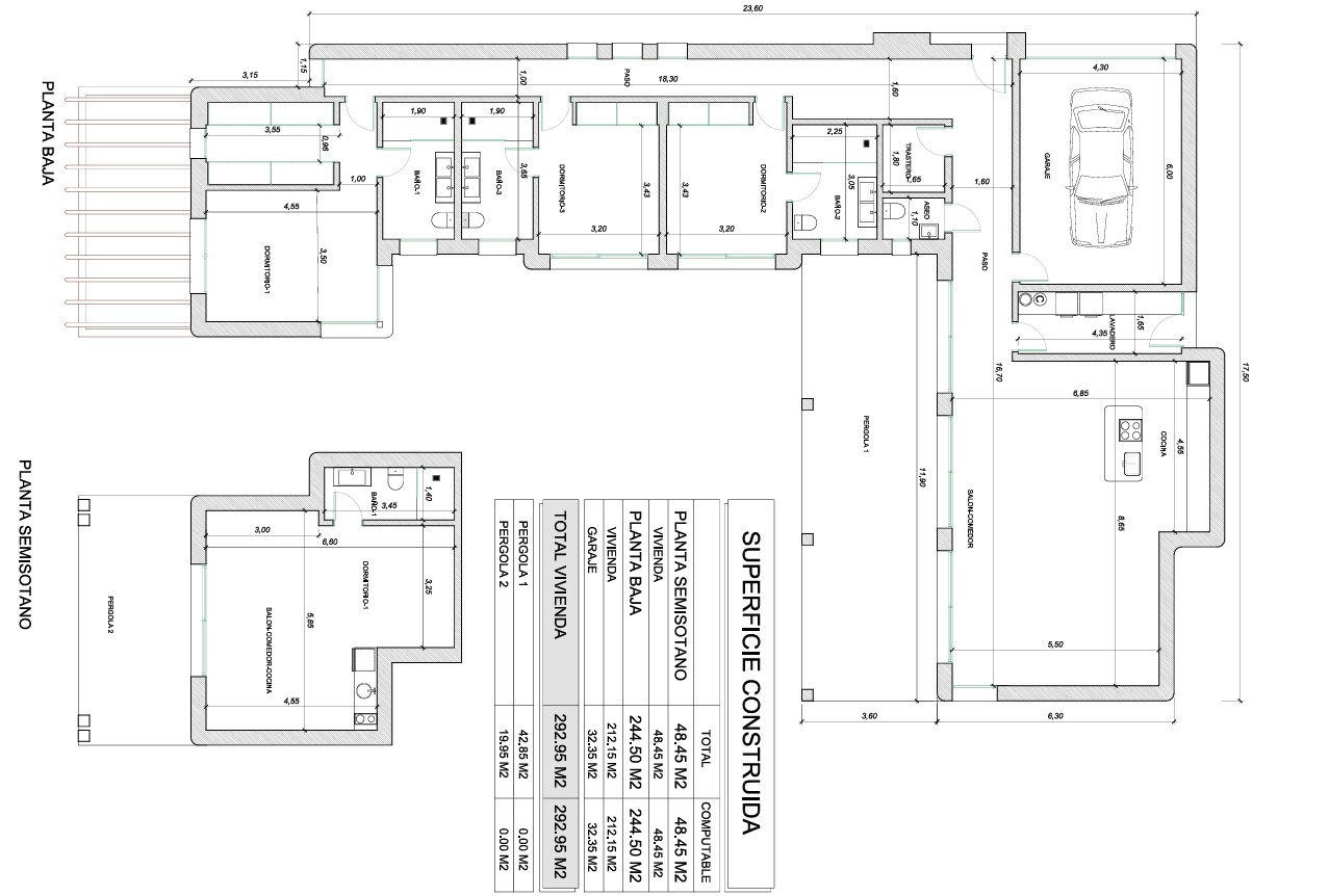 Plan d'architecte détaillé illustrant la distribution du rez-de-chaussée avec trois chambres en suite et l'appartement indépendant en sous-sol, totalisant 292 m².