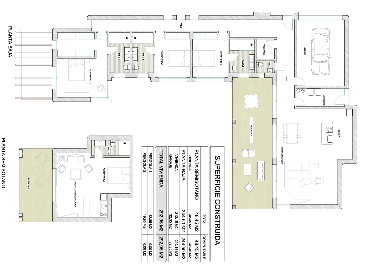 Plan d'architecte détaillé illustrant la distribution du rez-de-chaussée et du demi-sous-sol, avec le tableau des surfaces construites totales.