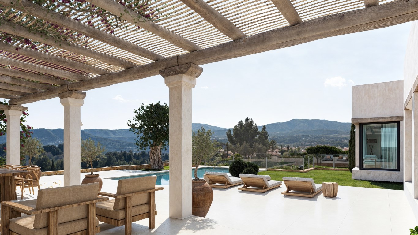 Terrasse spacieuse avec pergola en bois, salon de jardin et piscine privée offrant une vue panoramique sur la vallée et les montagnes environnantes.