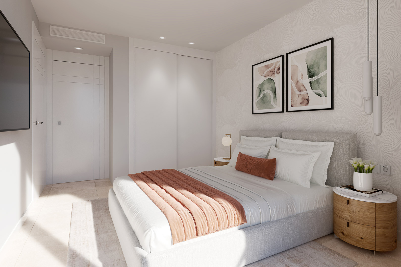 Chambre avec placards intégrés blancs, papier peint à motifs naturels et sol en grès. Portes laquées de grande hauteur et éclairage technique encastré inclus.