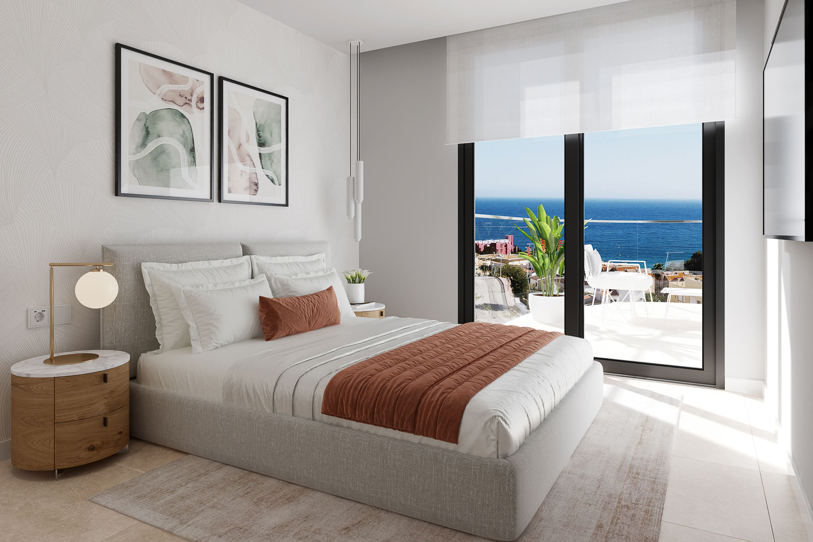 Chambre principale avec accès terrasse, vue imprenable sur la mer, papier peint texturé et finitions élégantes en grès cérame.