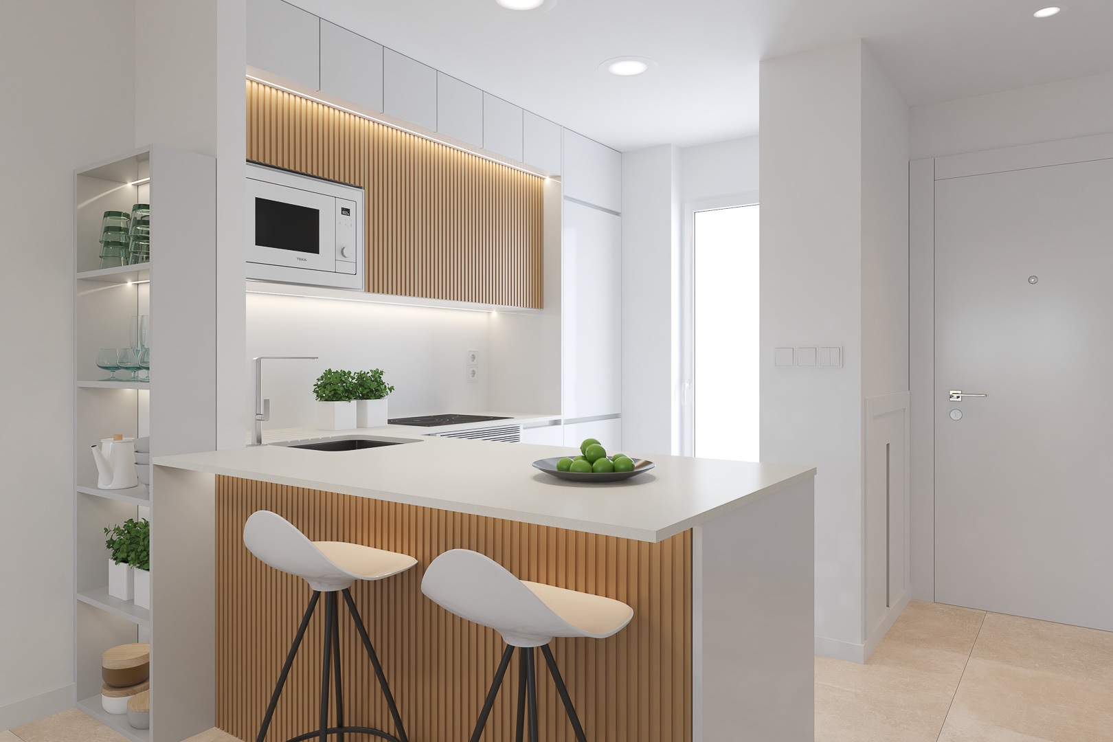 Cuisine moderne avec îlot en panneaux de bois, plan de travail blanc et tabourets design. Équipée d'appareils intégrés et d'étagères avec éclairage LED.