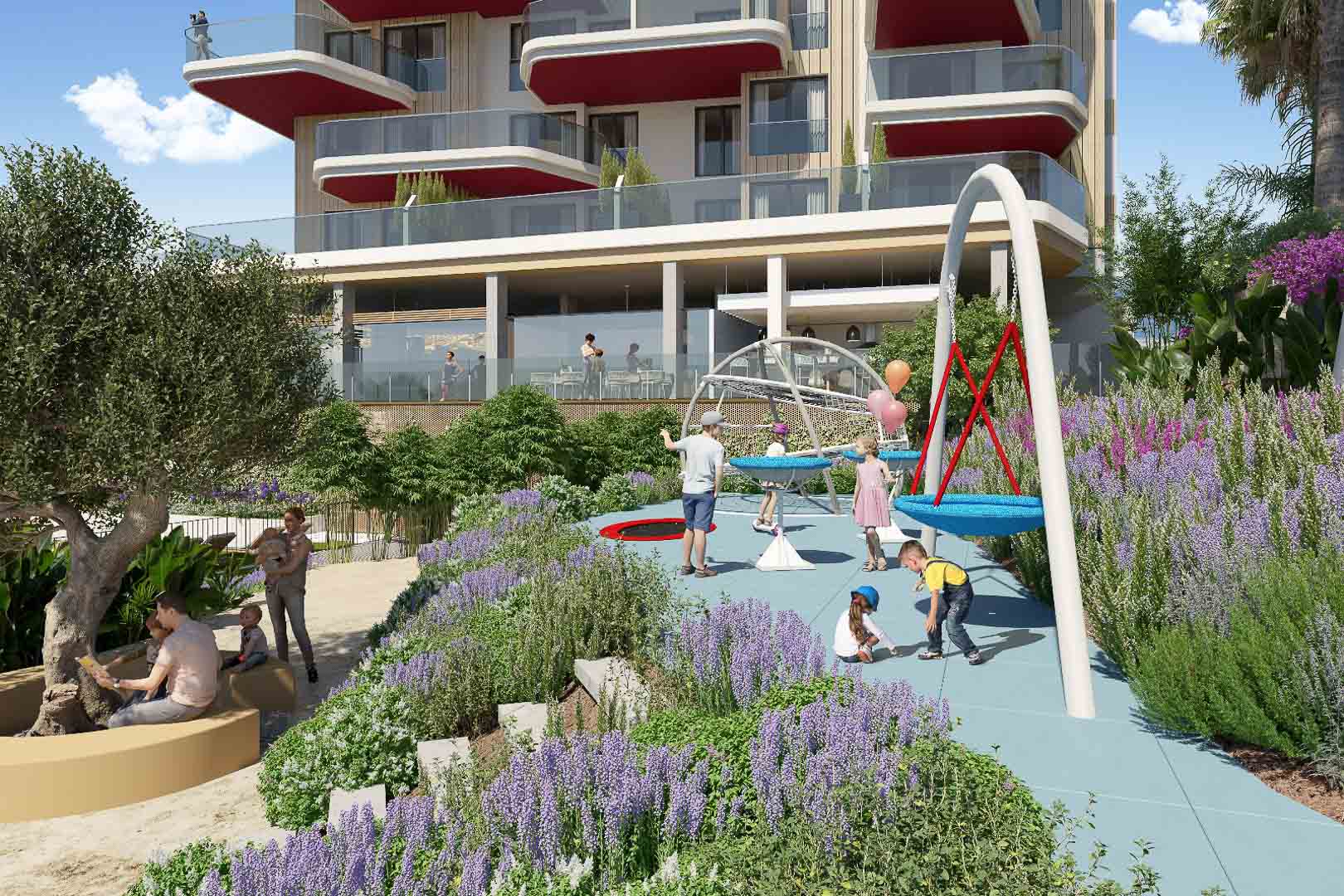 Espace de jeux pour enfants avec revêtement de sécurité bleu, entouré de lavande et d'oliviers, situé au pied des balcons design de la résidence.